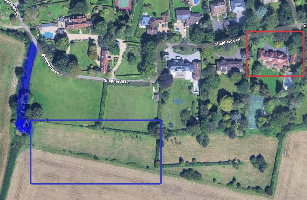 Annotated map showing directions to the garden party via Shepherds Lane